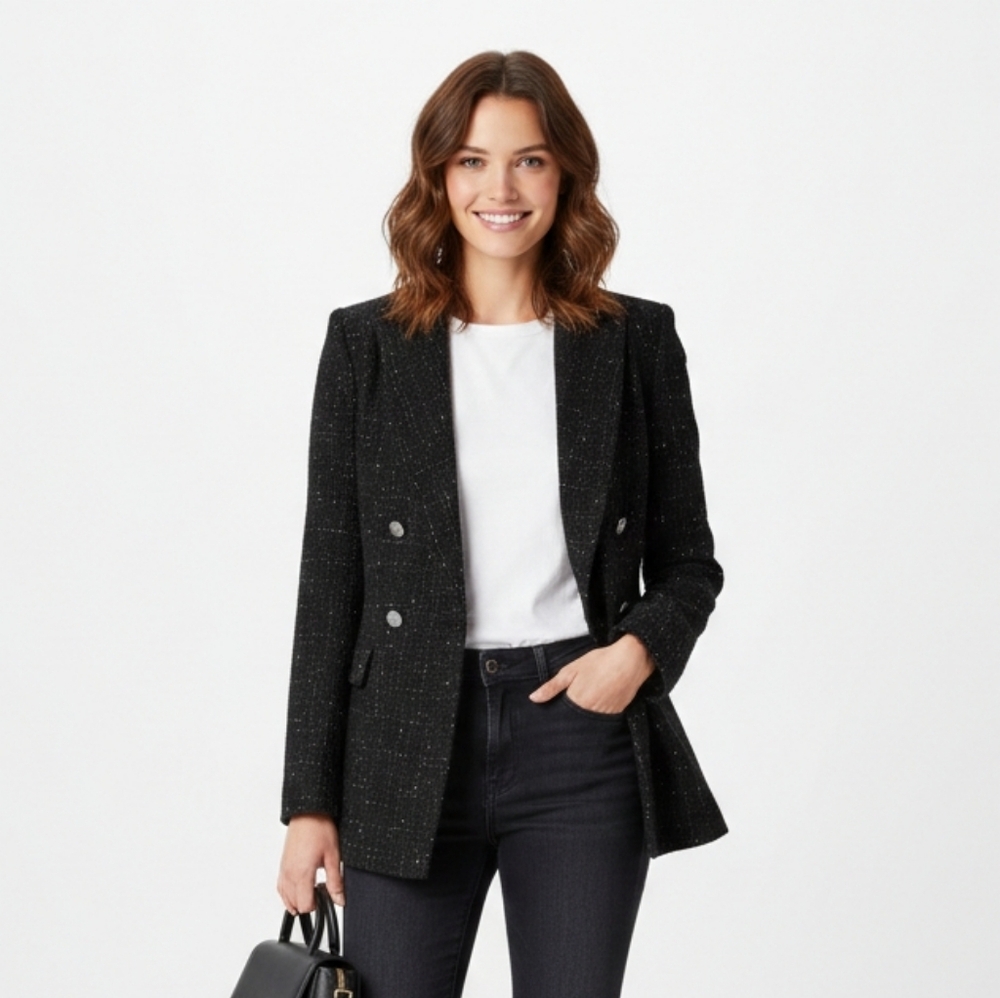 Mina Self Black Tweed Double Breasted Blazer Size L